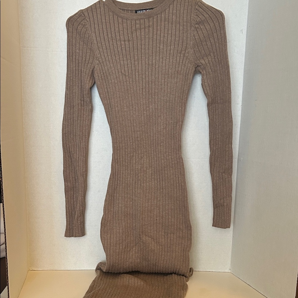 Fashion Nova Long Sleeve Ribbed Dress - Brown